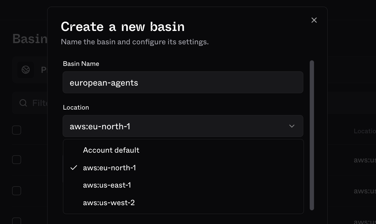 Create Basin dialog with the Location dropdown open
