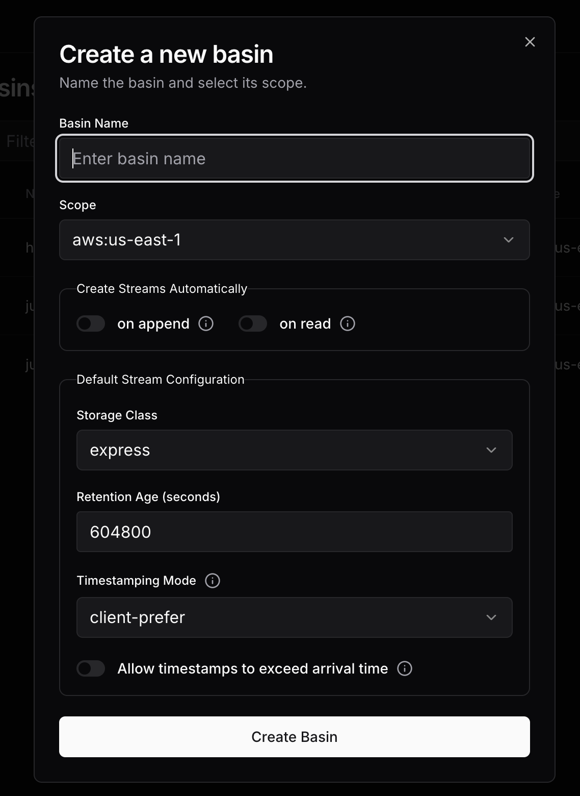 Create a new basin on the S2 dashboard