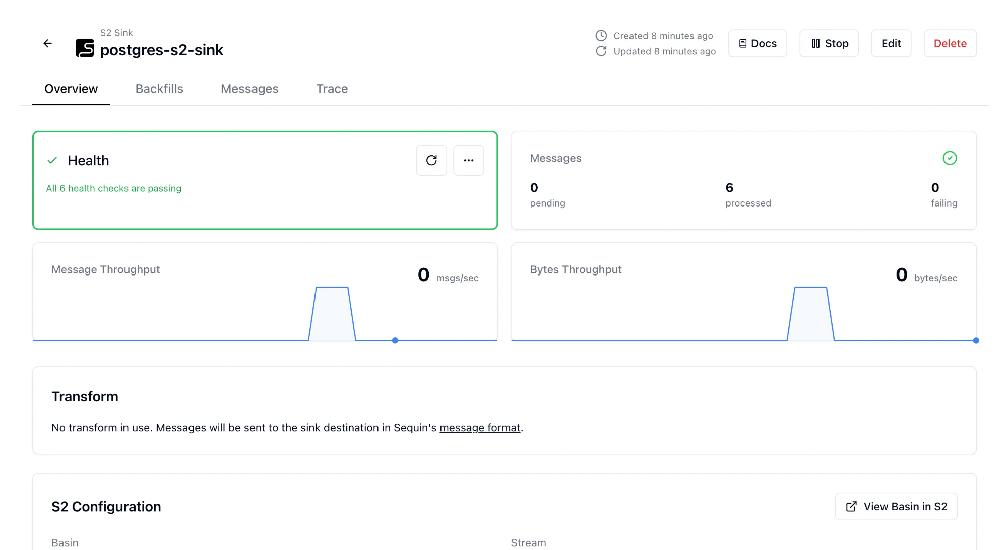 Healthy dashboard with S2 as sink on Sequin
